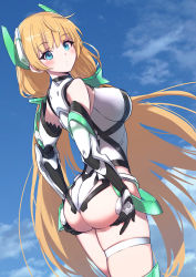 Rule 34 | 1girl, absurdres, angela balzac, armor, ass, ass support, bare shoulders, black gloves, blonde hair, blue eyes, blue sky, breasts, cloud, commentary request, day, elbow gloves, from behind, gloves, headgear, highres, large breasts, long hair, looking at viewer, looking back, outdoors, parted lips, pizzasi, rakuen tsuihou, sky, solo, very long hair, white armor, white legwear