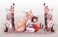 Rule 34 | 3girls, \m/, animal ears, barefoot, blank eyes, blonde hair, blush, boots, bow, brown hair, cat ears, cat tail, chen, dress, fox ears, fox tail, full-face blush, full body, gap (touhou), gradient background, hair bow, hat, hat ribbon, hoshibuchi, hug, long hair, long sleeves, looking at another, looking at viewer, md5 mismatch, mob cap, multiple girls, multiple tails, no headwear, open mouth, puffy sleeves, red dress, resized, resolution mismatch, ribbon, scared, short hair, sitting, source larger, tabard, tail, tears, touhou, white dress, wide sleeves, yakumo ran, yakumo yukari