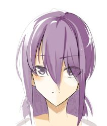 Rule 34 | 1girl, closed mouth, copyright request, doko tetora, grey shirt, hair between eyes, long hair, looking at viewer, portrait, purple eyes, purple hair, shirt, simple background, solo, white background