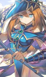 Rule 34 | 1girl, absurdres, bare shoulders, blue eyes, blush stickers, breasts, brown hair, comic, duel monster, earrings, hair between eyes, hajime daijo, hat, highres, holding, holding staff, jewelry, long hair, magician&#039;s valkyria, medium breasts, solo, staff, vambraces, yu-gi-oh!