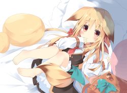 Rule 34 | 1girl, animal ears, backpack, bag, barefoot, bed sheet, black dress, blonde hair, blush, bow, brown eyes, brown hair, closed mouth, commentary request, dress, fox ears, fox girl, fox tail, frilled pillow, frills, gradient hair, hair between eyes, hair bow, kushida you, long hair, long sleeves, looking at viewer, lying, multicolored hair, necktie, on back, original, pillow, red bow, red necktie, shirt, short necktie, sleeveless, sleeveless dress, sleeves past wrists, solo, tail, very long hair, white shirt