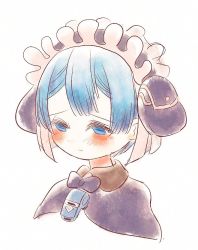 Rule 34 | 1boy, 1girl, blue eyes, blue hair, blunt bangs, blush, capelet, closed mouth, commentary request, looking down, made in abyss, maid, maid headdress, male focus, maruruk, miya (miyabio), portrait, short hair, simple background, solo, trap, whistle, white background