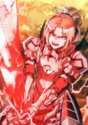 Rule 34 | 1girl, armor, blonde hair, braid, breastplate, clarent (fate), commentary, commentary request, electricity, english commentary, fate/apocrypha, fate (series), french braid, gauntlets, highres, holding, holding sword, holding weapon, long hair, looking at viewer, mixed-language commentary, mordred (fate), mordred (fate/apocrypha), open mouth, ponytail, red eyes, ryopie, solo, sword, weapon