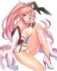 Rule 34 | 1girl, amputee, animal ears, baiken, bare shoulders, blush, breasts, rabbit ears, cleavage, eyepatch, guilty gear, guilty gear xrd, japanese clothes, kimono, knee up, large breasts, long hair, looking at viewer, oro (sumakaita), panties, pink hair, ponytail, red eyes, sitting, solo, thighs, underwear, very long hair, white background, white panties