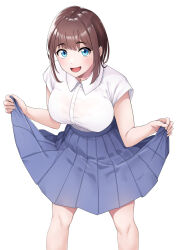 Rule 34 | 1girl, :d, absurdres, blue eyes, blue skirt, blush, breasts, brown hair, clothes lift, collared shirt, feet out of frame, highres, large breasts, lifted by self, long skirt, looking at viewer, open mouth, original, pleated skirt, shirt, short hair, simple background, skirt, skirt lift, smile, solo, white background, white shirt, wreath (lit)