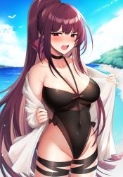 Rule 34 | 1girl, :o, bare shoulders, beach, bird, black bow, black choker, black one-piece swimsuit, blue sky, blush, bow, breasts, choker, cleavage, collarbone, commentary request, covered navel, day, girls&#039; frontline, hair ribbon, high ponytail, highleg, highleg swimsuit, highres, kinsenka momi, large breasts, long hair, looking to the side, ocean, official alternate costume, one-piece swimsuit, open clothes, open mouth, open shirt, outdoors, ponytail, purple hair, red eyes, ribbon, sand, unworn shirt, shore, sidelocks, sky, solo, standing, sweat, swimsuit, thigh strap, very long hair, wa2000 (girls&#039; frontline), wa2000 (op. manta ray) (girls&#039; frontline), water