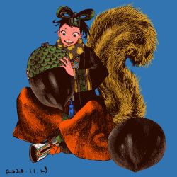 Rule 34 | 1girl, acorn, black jacket, blue background, dated, earrings, highres, holding, jacket, jewelry, long sleeves, multicolored footwear, nail polish, open mouth, original, oversized object, pink nails, procreate (medium), scarf, shoes, simple background, smirk, solo, squirrel girl, squirrel tail, tail, tomidoron
