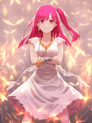 Rule 34 | 1girl, absurdres, asymmetrical hair, bracelet, breast hold, breasts, chain, collarbone, gem, highres, jewelry, long hair, looking at viewer, magi the labyrinth of magic, medium breasts, morgiana, necklace, pink eyes, pink hair, side ponytail, smile, solo, standing, white hair, yagyun
