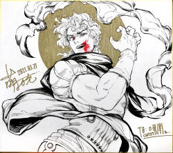 Rule 34 | 1boy, 2021, blood, blood on face, commentary request, dated, dio brando, fangs, greyscale, jojo no kimyou na bouken, looking at viewer, male focus, meng bu chong, monochrome, muscular, muscular male, phantom blood, red eyes, scarf, short hair, signature, smirk, solo, spot color, teeth, vampire, wristband