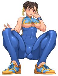 Rule 34 | 1girl, abs, adapted costume, alternate eye color, biceps, blue leotard, blush, breasts, brown hair, capcom, chun-li, clothing cutout, covered navel, double bun, earrings, fat mons, fingernails, full body, highres, jewelry, large breasts, leotard, lips, looking at viewer, muscular, muscular female, no bra, official alternate costume, parted lips, red eyes, shigenobu, shoes, short hair, skin tight, sneakers, solo, squatting, street fighter, street fighter zero (series), stud earrings, studded bracelet, thick thighs, thighs, underboob, underboob cutout, v, white background, yellow footwear