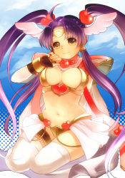 Rule 34 | 1girl, alice soft, breasts, brown eyes, cleavage, galzoo island, hayasaka, head wings, large breasts, long hair, midriff, purple hair, sexy knight, shoulder pads, smile, solo, thighhighs, twintails, white thighhighs, wings