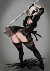 Rule 34 | 1girl, ass, back cutout, black blindfold, black dress, black hairband, black thighhighs, blindfold, boots, clothing cutout, dress, feather-trimmed sleeves, feather trim, from behind, hairband, highres, holding, holding sword, holding weapon, juliet sleeves, knee boots, long sleeves, medium hair, nier:automata, nier (series), puffy sleeves, short dress, solo, sword, thighhighs, thighhighs under boots, toyo syumi, weapon, white hair, 2b (nier:automata)