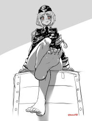 Rule 34 | 1girl, barefoot, blush, brown eyes, feet, female focus, foot focus, from below, girls&#039; frontline, highres, licking lips, looking at viewer, military, military uniform, monochrome, mp40 (girls&#039; frontline), pov, sitting, soles, solo, toes, tongue, tongue out, uniform