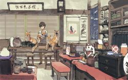 Rule 34 | 1boy, absurdres, animal, black footwear, black hair, brown pants, clock, closed mouth, commentary request, fox, glasses, highres, holding, holding animal, indoors, long sleeves, looking at viewer, male focus, maneki-neko, open mouth, original, pants, shirt, shoes, smile, solo, standing, stool, striped clothes, striped shirt, table, twitter username, wall clock, zennosuke