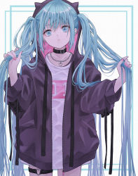 Rule 34 | 1girl, alternate costume, aqua eyes, aqua hair, black collar, black jacket, chain, chain necklace, closed mouth, collar, commentary, dot nose, drop earrings, ear piercing, earrings, expressionless, hands in hair, hatsune miku, heart, heart earrings, heart necklace, heart o-ring, highres, hood, hood up, hooded jacket, hoodie, jacket, jewelry, long hair, long sleeves, looking at viewer, multiple earrings, nail polish, necklace, open clothes, open hoodie, open jacket, paper texture, piercing, pink nails, ribbon-trimmed sleeves, ribbon trim, riri (ririwaldorf), shirt, sidelocks, solo, thigh strap, twintails, very long hair, vocaloid, zipper pull tab