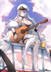 Rule 34 | 1girl, absurdres, alcohol, azur lane, bare shoulders, beer, beer mug, blush, boots, breasts, chain, cleavage, cloud, coat, cross-laced footwear, cup, dress, elbow gloves, evening, full body, fur coat, gloves, guitar, hat, highres, holding, holding guitar, holding instrument, instrument, jewelry, kghazir, large breasts, long hair, looking at viewer, mug, music, off shoulder, on railing, open clothes, open coat, outdoors, peaked cap, playing guitar, playing instrument, railing, red eyes, ring, sitting, smile, solo, tallinn (azur lane), thigh boots, thighhighs, wedding ring, white dress, white footwear, white gloves, white hair, white hat, wrist cuffs