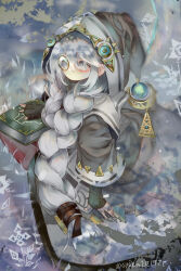 1girl absurdres astellar_of_the_white_forest book braid brown_hat brown_robe diabellstar_the_black_witch duel_monster grey_eyes grey_hair hat highres holding holding_book long_hair monocle robe side_braids solo sweater syukou yu-gi-oh!