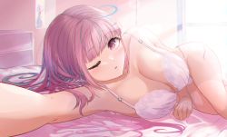 Rule 34 | 1girl, absurdres, bedroom, blue hair, blunt bangs, blush, bra, breasts, cleavage, commentary request, day, highres, hololive, huge filesize, indoors, large breasts, lingerie, long hair, looking at viewer, lying, minato aqua, multicolored hair, ogura toast, on bed, on side, one eye closed, panties, pink bra, pink eyes, pink hair, pink panties, selfie, solo, streaked hair, underwear, underwear only, virtual youtuber, window