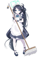 Rule 34 | 1girl, alternate costume, apron, aris (blue archive), aris (maid) (blue archive), black dress, black footwear, black hair, blue archive, blue eyes, blush, charm (object), closed mouth, commentary, cram960, dress, enmaided, full body, garter straps, halo, highres, holding, holding mop, long hair, looking at viewer, maid, maid apron, maid headdress, mary janes, mop, parted bangs, petticoat, pigeon-toed, ponytail, puffy short sleeves, puffy sleeves, ringed eyes, shoes, short sleeves, sidelocks, simple background, smile, solo, standing, thighhighs, very long hair, white apron, white background, white thighhighs, wrist cuffs