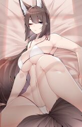 Rule 34 | 1girl, absurdres, amagi (azur lane), animal ears, azur lane, back, bare arms, bare legs, bikini, breasts, brown eyes, brown hair, cameltoe, cleavage, collarbone, crotch, dated commentary, fox ears, fox tail, hair between eyes, hair ornament, highres, large breasts, looking at viewer, lying, navel, on back, one eye closed, samip, solo, swimsuit, tail, thighs, underboob, white bikini