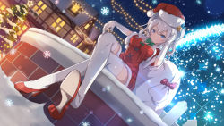 Rule 34 | 10s, 1girl, absurdres, bell, capelet, christmas, christmas lights, christmas tree, crossed legs, elbow gloves, feet, gloves, hat, high heels, highres, kantai collection, kashima (kancolle), poly, sack, santa costume, santa hat, shoe dangle, shoes, smile, snow, solo, thighhighs, white hair, white thighhighs