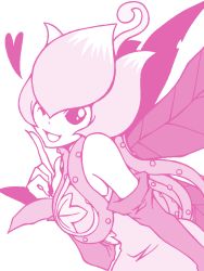 Rule 34 | 1girl, bandai, breasts, digimon, dress, fairy, fairy wings, female focus, lilimon, long hair, looking at viewer, monochrome, one eye closed, plant, smile, solo, vines, wings, wink