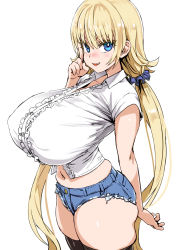 Rule 34 | 1girl, asanagi, black thighhighs, blonde hair, blue eyes, blush, breasts, denim, denim shorts, fang, hair ornament, hair scrunchie, highres, huge breasts, index finger raised, long hair, looking at viewer, navel, open mouth, original, scrunchie, shirt, short sleeves, shorts, shortstack, simple background, smile, solo, thighhighs, twintails, white background, white shirt
