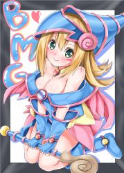 Rule 34 | 1girl, amagami rukichi, bare shoulders, blonde hair, blush, boots, breasts, cleavage, dark magician girl, female focus, fingerless gloves, framed, gloves, green eyes, hat, jewelry, kneeling, long hair, looking at viewer, necklace, smile, solo, wizard hat, yu-gi-oh!