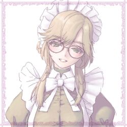 Rule 34 | 1girl, ade (nikke), apron, black dress, blonde hair, bow, bowtie, braid, dress, glasses, goddess of victory: nikke, green eyes, grin, highres, juliet sleeves, long hair, long sleeves, looking at viewer, maid, maid headdress, mero (ilsttkgbz11), puffy sleeves, sidelocks, smile, solo, upper body, white apron, white bow, white bowtie
