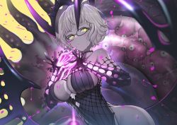 Rule 34 | 1girl, bare shoulders, black dress, breasts, choker, cleavage, collarbone, colored skin, detached sleeves, dress, fate/grand order, fate (series), glasses, glowing hands, grey hair, grey skin, horns, jacques de molay (foreigner) (fate), jacques de molay (foreigner) (third ascension) (fate), large breasts, looking at viewer, short dress, short hair, teddy (khanshin), yellow eyes