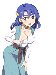 Rule 34 | 1girl, arm support, blue eyes, blue hair, breasts, caryo, cleavage, clothes pull, collarbone, downblouse, dragon quest, dragon quest vi, dress, leaning forward, long hair, looking at viewer, lowres, matching hair/eyes, nanashino, open mouth, shirt pull, simple background, solo, tania (dq6), white background