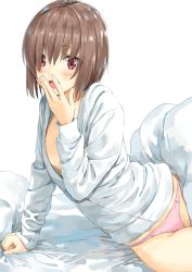 Rule 34 | 1girl, arm support, b-ginga, blanket, blush, breasts, brown hair, commentary request, futon, indoors, long sleeves, looking at viewer, open mouth, original, pajamas, panties, pillow, pink panties, red eyes, shirt, short hair, sitting, small breasts, solo, underwear, waking up, white shirt, yokozuwari