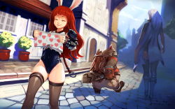 Rule 34 | 1boy, 2girls, animal ears, bad id, bad pixiv id, black legwear, boots, boxers, building, rabbit ears, clothes theft, door, elin, closed eyes, furry, hand on own ass, holding, leotard, long hair, male underwear, multiple girls, ninja, ochrejelly, outdoors, plant, popori, potted plant, raccoon ears, red hair, road, shirt, shorts, silver hair, smile, street, tail, tera online, theft, thighhighs, underwear, underwear theft, very long hair, walking, window