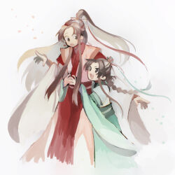 Rule 34 | 2boys, aged down, braid, brown eyes, brown hair, chinese clothes, cousins, earrings, eye contact, fang, green ribbon, half updo, hanfu, high ponytail, highres, hug, jewelry, long hair, long sleeves, looking at another, male focus, multiple boys, open mouth, qi rong, red ribbon, ribbon, ribboned xiao guan, shellymay, tianguan cifu, white background, wide sleeves, xiao guan (headdress), xie lian