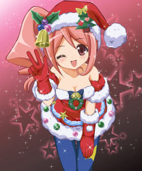 Rule 34 | 1girl, ;d, bell, blush, breasts, chisato (missing park), christmas, cleavage, gloves, hat, jewelpet (series), jewelpet kira deco!, lips, lipstick, looking at viewer, makeup, one eye closed, oomiya pink, open mouth, red gloves, santa costume, santa hat, smile, solo, star (symbol), wink