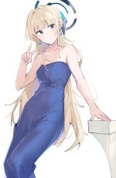 Rule 34 | 1girl, bare shoulders, blonde hair, blue archive, blue dress, blue eyes, blush, braid, breasts, collarbone, dress, earrings, french braid, halo, highres, jewelry, long hair, looking at viewer, medium breasts, sai (saipoko), solo, toki (blue archive), v