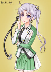 Rule 34 | 1girl, ahoge, akitsushima (kancolle), anchor, anti (untea9), breasts, cowboy shot, earrings, green skirt, hair ornament, hair ribbon, highres, jacket, jewelry, kantai collection, large breasts, long hair, looking at viewer, pleated skirt, purple eyes, purple hair, ribbon, side ponytail, sidelocks, simple background, skirt, solo, twitter username, yellow background
