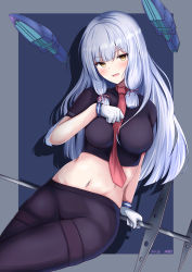 Rule 34 | 1girl, abataa, absurdres, between breasts, black pantyhose, black shirt, blunt bangs, breasts, gloves, grey hair, hair ribbon, headgear, highres, holding, holding weapon, kantai collection, large breasts, long hair, midriff, murakumo (kancolle), navel, necktie, necktie between breasts, pantyhose, polearm, red necktie, ribbon, shirt, short eyebrows, solo, spear, thighband pantyhose, tress ribbon, weapon, white gloves, yellow eyes