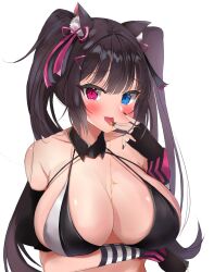 Rule 34 | 1girl, animal ears, arm under breasts, arm up, bikini, black bikini, black gloves, blue eyes, blush, breasts, brown hair, cat ears, cat girl, chest harness, clenched hand, detached collar, fingerless gloves, food on body, food on breasts, gloves, goddess of victory: nikke, hair intakes, hair ornament, hair ribbon, hairclip, harness, heterochromia, highres, large breasts, licking, licking finger, long hair, neku (sky hologram), nero (nikke), pink eyes, ribbon, sideboob, sidelocks, simple background, solo, swimsuit, tongue, tongue out, twintails, white background