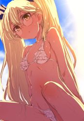 Rule 34 | 10s, 1girl, :o, bikini, blonde hair, clearite, frilled bikini, frills, glasses, gradient background, hair ribbon, long hair, looking at viewer, navel, retoree (show by rock!!), ribbon, show by rock!!, sketch, solo, sweat, swimsuit, twintails