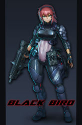 Rule 34 | 1girl, ammunition, aqua eyes, armor, assault rifle, black gloves, bodysuit, breasts, closed mouth, commentary request, covered navel, dated commentary, english text, fingerless gloves, full body, gloves, grey background, gun, handgun, headset, hetza (hellshock), holding, holding weapon, holstered, leg armor, looking at viewer, medium breasts, medium hair, original, pistol, red hair, rifle, shoulder armor, smile, solo, weapon, window magazine