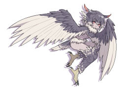 Rule 34 | 1girl, animal feet, bird legs, bird tail, breasts, commentary request, facial mark, feather hair, feathered wings, feathers, grey feathers, grey hair, hair between eyes, harpy, monster girl, multicolored hair, original, pixel art, red eyes, short hair, simple background, small breasts, solo, tail, takasha (d3737937), talons, two-tone hair, two-tone wings, white background, white feathers, white hair, white wings, winged arms, wings