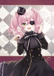 Rule 34 | 1girl, :d, annette (spy kyoushitsu), black bow, black bowtie, black dress, bow, bowtie, dress, eyepatch, fang, green eyes, hat, holding, holding own hair, mini hat, official art, open mouth, pink hair, second-party source, smile, solo, spy kyoushitsu, tsunako, twintails, white bow, white bowtie