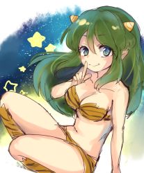 Rule 34 | 1girl, animal print, bikini, blue eyes, boots, breasts, cleavage, collarbone, cone horns, finger to mouth, green hair, horns, knee boots, large breasts, long hair, looking at viewer, lum, paragasu (parags112), pointy ears, shushing, smile, solo, star (symbol), swimsuit, tiger print, urusei yatsura, very long hair