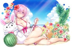 Rule 34 | 1girl, ball, beach, beachball, blush, border, breasts, cleavage, closed mouth, cloud, collarbone, day, dress, unworn eyewear, fate/grand order, fate (series), flip-flops, flower, food, fou (fate), fruit, full body, glasses, grapes, hair flower, hair ornament, holding, holding removed eyewear, hood, hoodie, jacket, large breasts, looking at viewer, lying, mash kyrielight, mash kyrielight (swimsuit of perpetual summer), nakajima yuka, off shoulder, official alternate costume, on side, panties, pineapple, pink hair, purple eyes, sandals, shoes, short hair, sky, smile, solo, strap pull, sunlight, underwear, watermelon beachball, white border, white dress, white footwear, white jacket, white panties