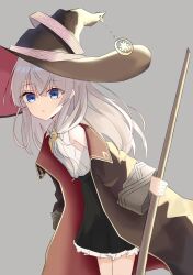 Rule 34 | 1girl, blue eyes, broom, coat, dress, elaina (majo no tabitabi), hair ornament, hat, highres, holding, holding broom, kohaku0926, large hat, long hair, majo no tabitabi, open mouth, ribbon, simple background, skirt, solo, white dress, white hair, witch, witch hat