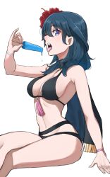 Rule 34 | 1girl, absurdres, arm support, bare arms, bare shoulders, bikini, black bikini, blue hair, breasts, byleth (female) (fire emblem), byleth (female) (summer) (fire emblem), byleth (fire emblem), commentary, fire emblem, fire emblem: three houses, fire emblem heroes, flower, food, grimmelsdathird, hair flower, hair ornament, hand up, highres, holding, holding food, large breasts, long hair, looking at viewer, navel, nintendo, official alternate costume, open mouth, popsicle, purple eyes, red flower, simple background, sitting, solo, stomach, swimsuit, thighs, white background