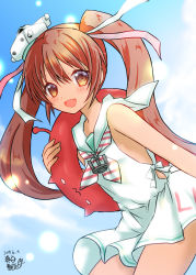 Rule 34 | 1girl, armpit cutout, bare arms, bare shoulders, blue sky, blush, character request, clothing cutout, cloud, cloudy sky, commentary request, dark-skinned female, dark skin, day, diagonal-striped neckwear, eyes visible through hair, hair between eyes, holding, kantai collection, long hair, looking at viewer, mashiro yukiya, miniskirt, neckerchief, open mouth, outdoors, pleated skirt, popped collar, raised eyebrows, sailor collar, skirt, sky, solo, striped neckerchief, striped neckwear, two-tone neckerchief, very long hair, white sailor collar, white skirt