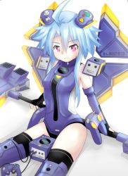 Rule 34 | axe, bare shoulders, blanc, blanc (neptunia), blue hair, bodysuit, bppts, breasts, daenu, g;pves, game console, gamecube, hair ornament, hairclip, highres, long hair, neptune (series), nintendo, nintendo gamecube, red eyes, small breasts, smile, thighs, white heart (neptune)