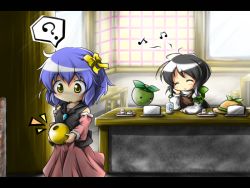 Rule 34 | 2girls, ?, black hair, blue hair, chair, counter, flying, food, fruit, glass, hair ribbon, hat, letterboxed, multiple girls, musical note, original, pixiv fantasia, pixiv fantasia 5, red star (toranecomet), ribbon, smile, table, window, yellow eyes